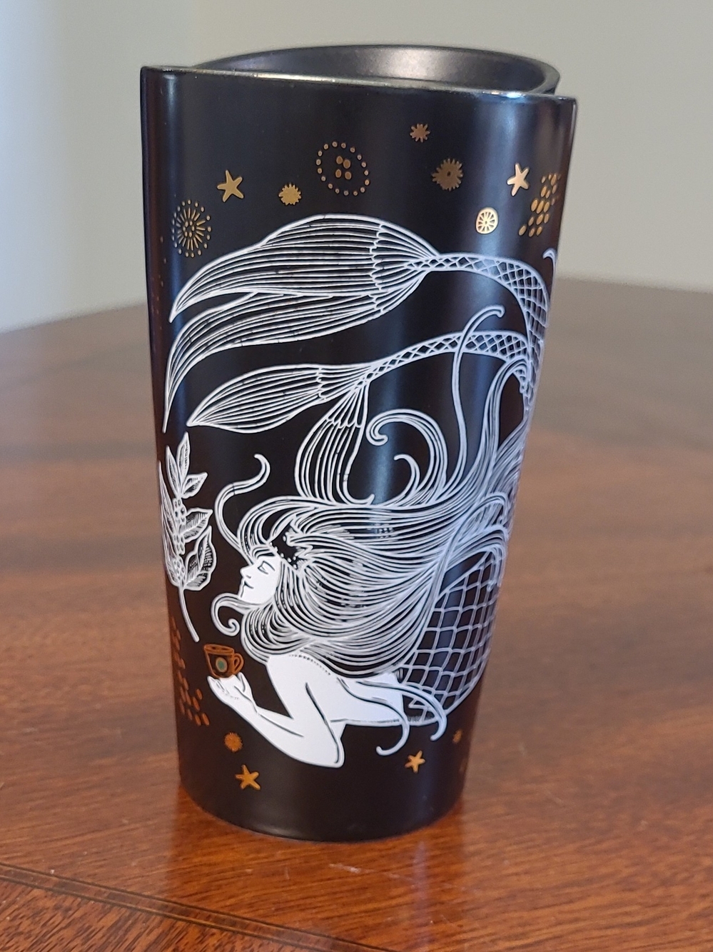 Starbucks 2019 Limited Edition Black and White Mermaid Tumbler with Gold Accents